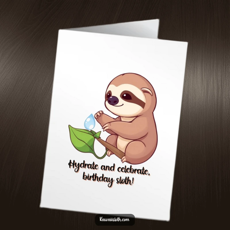 Funny Free Printable Birthday Card: Sloth cautiously reaches for a dewdrop on a leaf, embodying slow birthday wishes.
