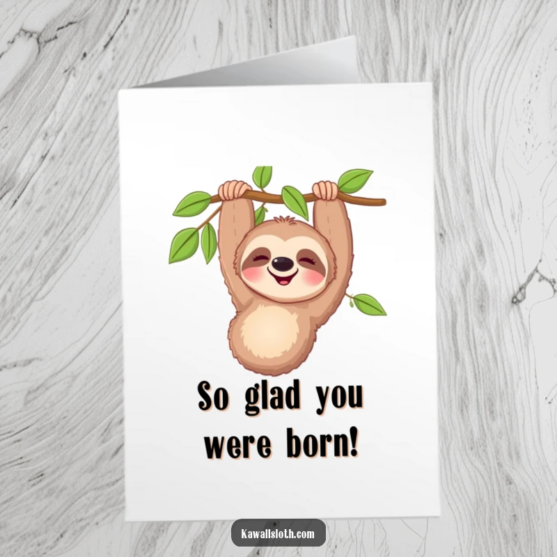 Funny Free Printable Birthday Card: Happy Sloth Dangling Upside Down from Branch, Relaxed Smile