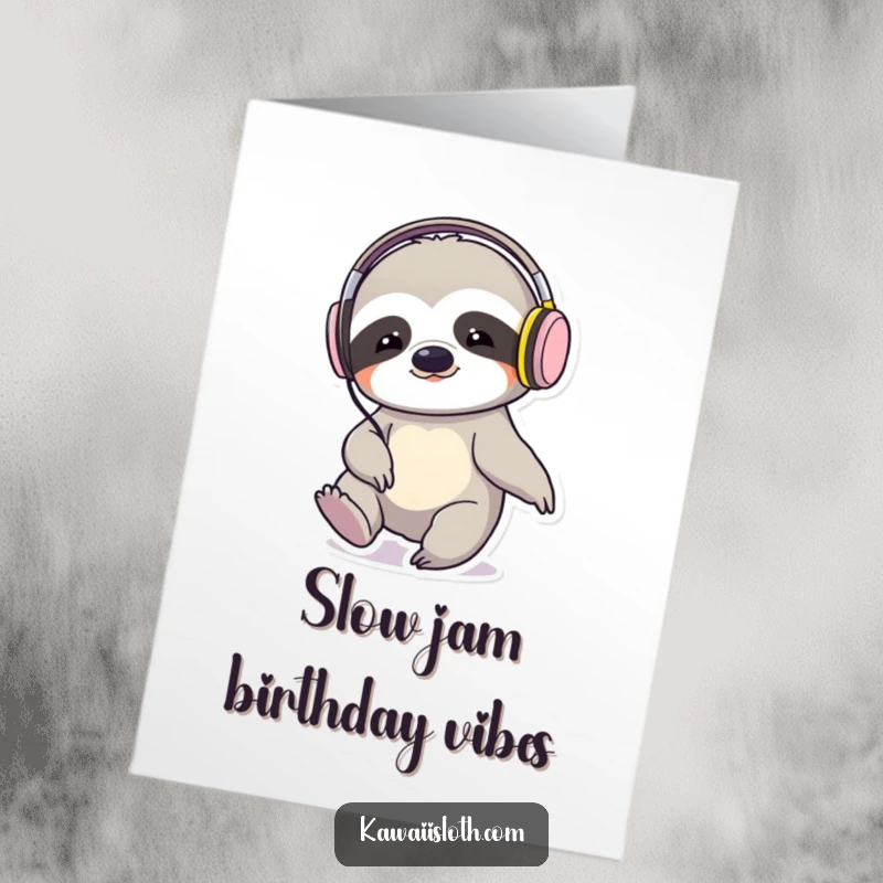 Funny free printable birthday card: A chill sloth DJ wearing headphones, slowly tapping its foot to the beat, ready to party.