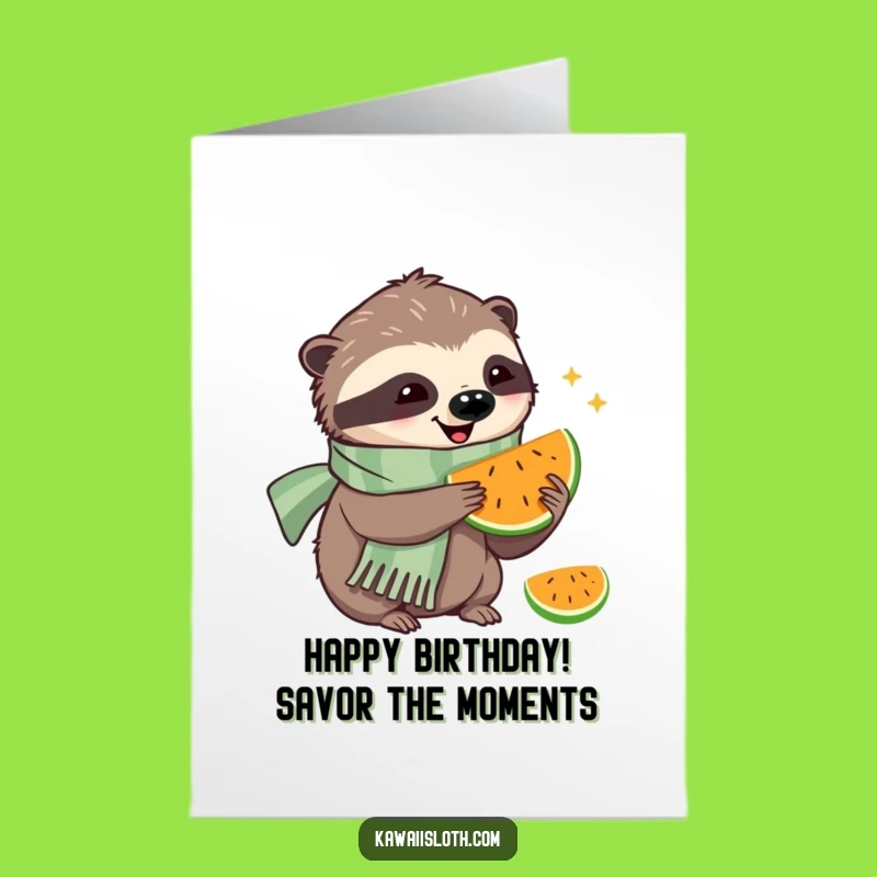 Free Printable Birthday Card: Happy Sloth Eating Fruit Funny Downloadable Gift