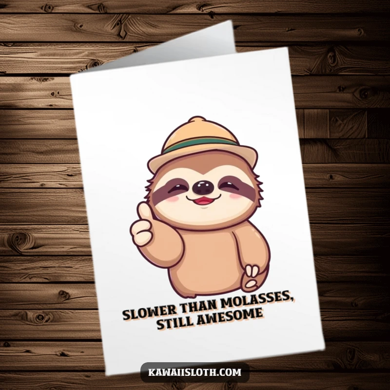 Funny Free Printable Birthday Card: Lazy sloth in a tiny hat gives a lazy thumbs up, radiating chill vibes.
