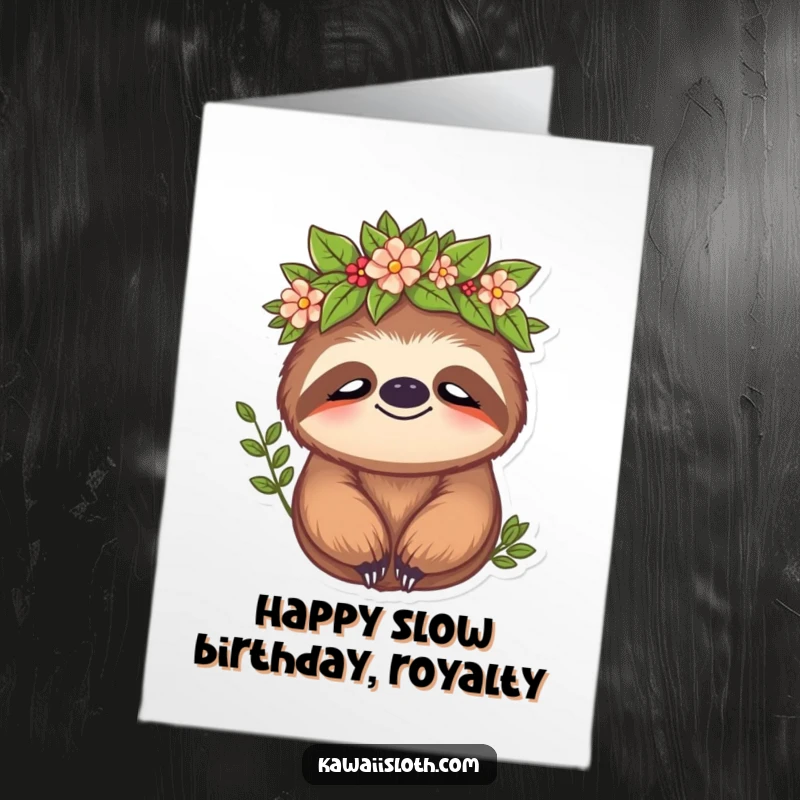 Funny Free Printable Birthday Card: Peaceful sloth wearing a leafy crown, exuding calm and royalty for a relaxing birthday wish.