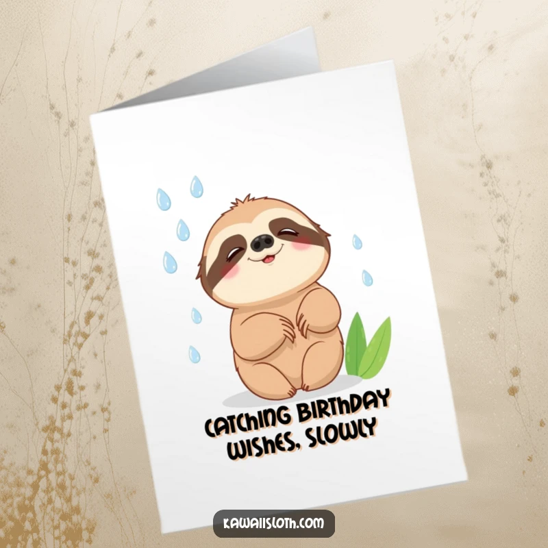 Funny Free Printable Birthday Card: A sloth smiling as it slowly attempts to catch falling raindrops.