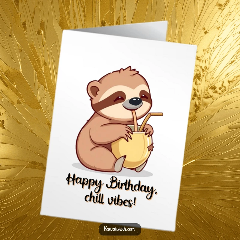 Funny Free Printable Birthday Card featuring a sloth leisurely sipping from a coconut cup with a straw, celebrating with tropical flair.