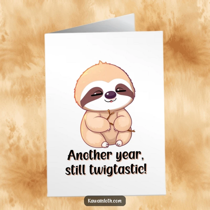 Funny Free Printable Birthday Card: Sloth with twigs in fur blinks slowly in warm sunlight. Content and cute.