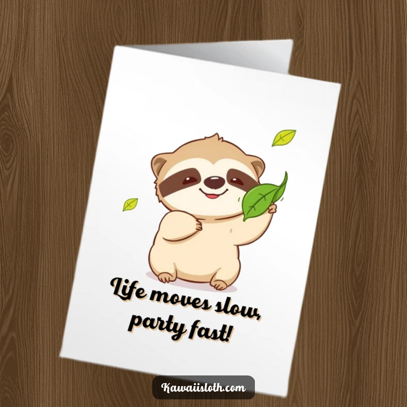 Funny Free Printable Birthday Card: Playful sloth grinning widely while struggling to catch a falling leaf. DIY joy.