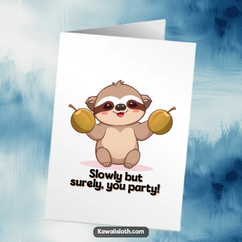 Funny Free Printable Birthday Card: A sloth comically tries to juggle two large coconuts with a slow grin.