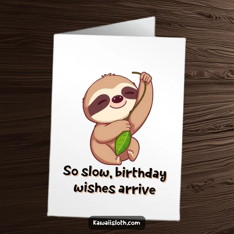 Funny Free Printable Birthday Card: A happy sloth grins while slowly reaching for a tempting green leaf. Perfect DIY gift.