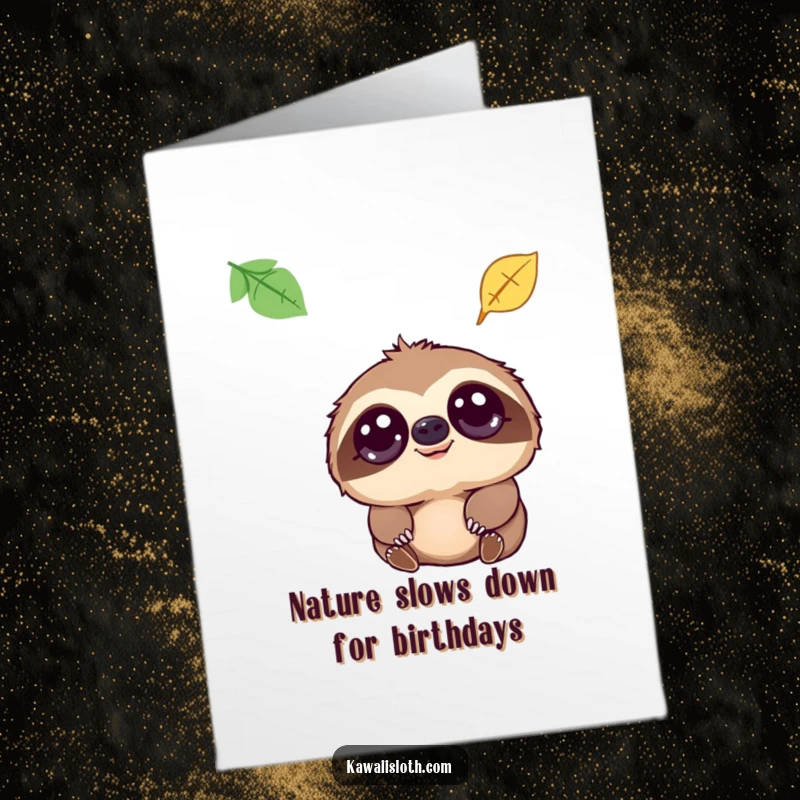 Funny free printable birthday card featuring a sloth with huge, kind eyes gazing at a solitary falling leaf.