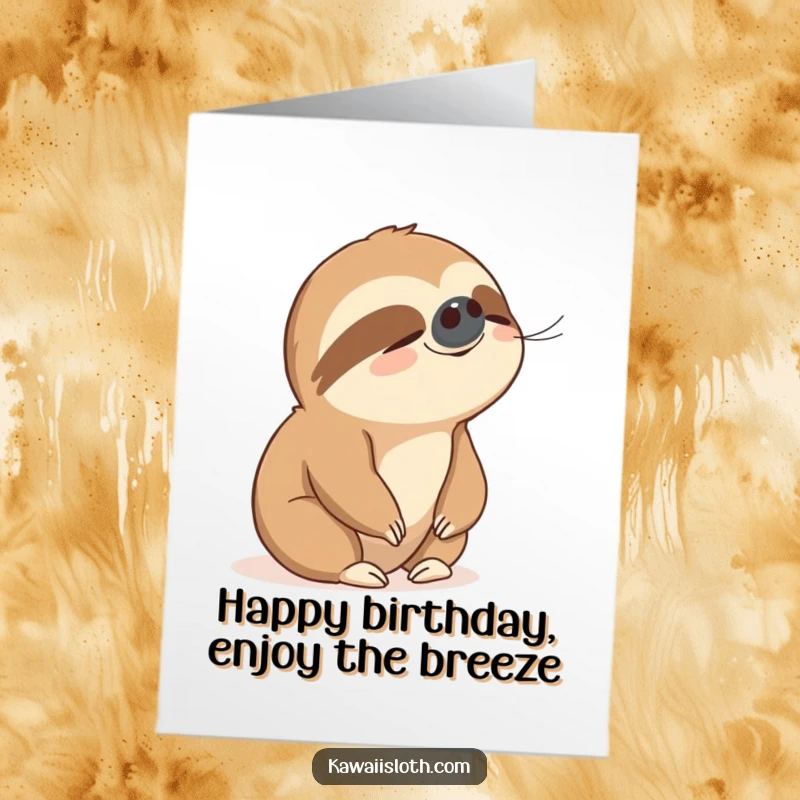 Funny Free Printable Birthday Card: A sloth with a peaceful expression savors a gentle, refreshing breeze. Perfect DIY gift.