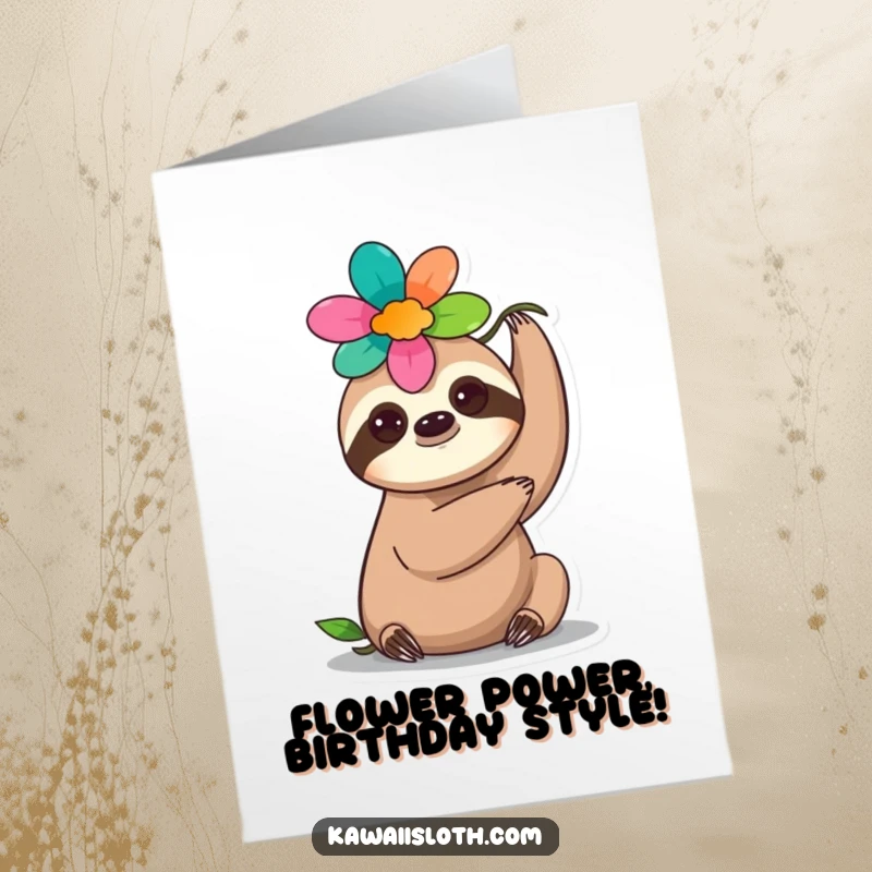 Funny Free Printable Birthday Card: A serene sloth wearing a vibrant flower crown, wishing a beautiful day.