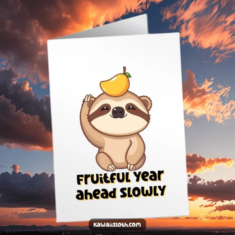 Funny Free Printable Birthday Card featuring a sloth precariously balancing a tiny fruit on its head, looking amazed.