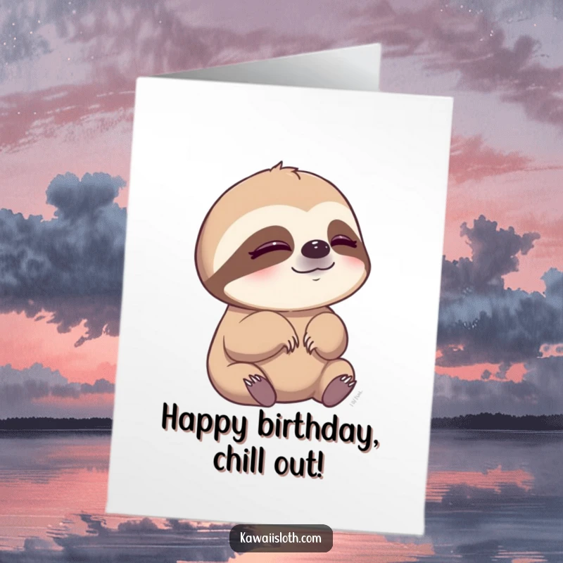 Funny free printable birthday card showing a sloth slowly blinking, conveying peaceful contemplation and calm enjoyment.