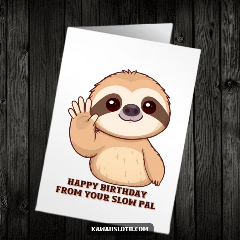 Funny Free Printable Birthday Card: A sloth slowly extends its arm to give a gentle, friendly wave. Perfect DIY gift.