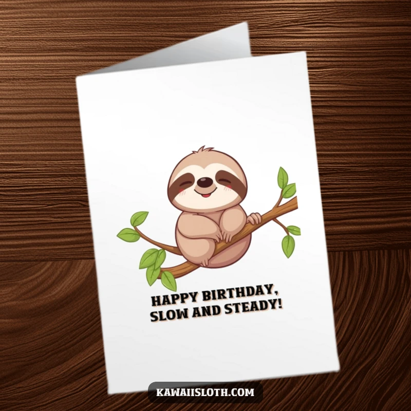 Funny Free Printable Birthday Card featuring a sloth with a relaxed smile gently swaying on a branch, embodying birthday bliss.