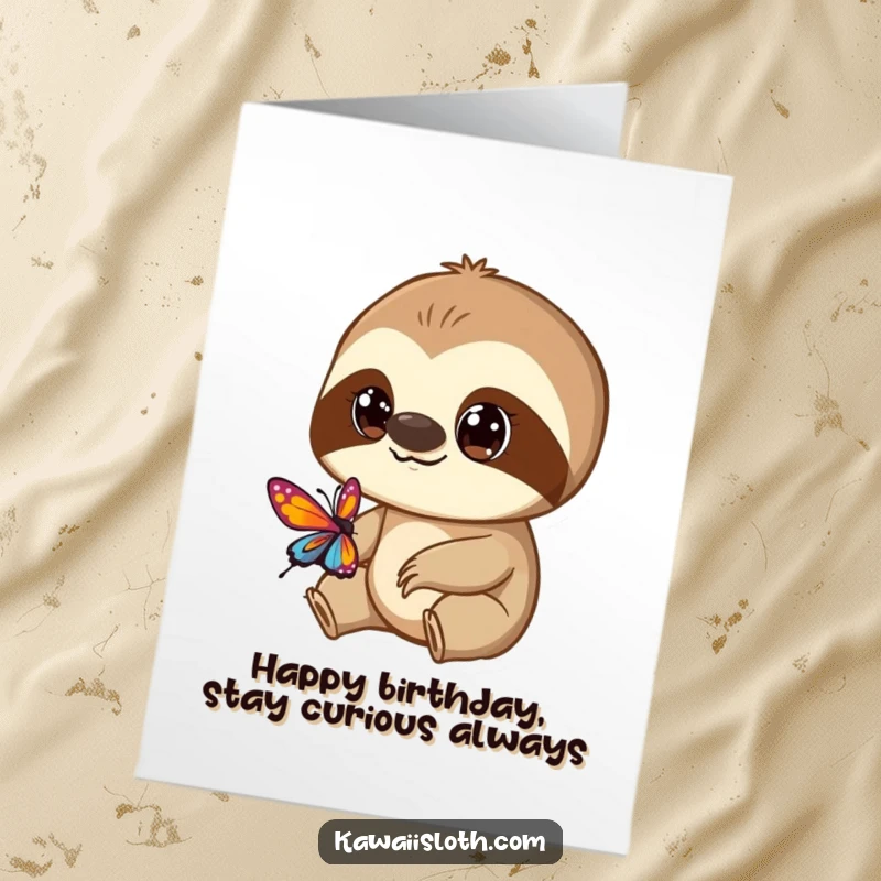 Funny Free Printable Birthday Card: A sloth with wide, curious eyes gazes at a vibrant butterfly. Perfect DIY gift.
