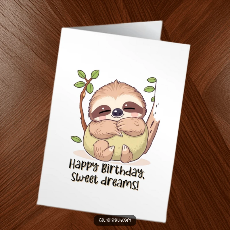Funny Free Printable Birthday Card showing a sloth with dreamy eyes tightly hugging a soft mossy pillow, embodying birthday comfort.