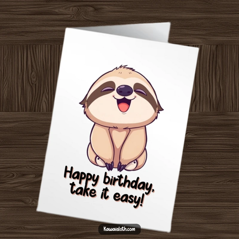 Funny Free Printable Birthday Card showing a sloth playfully yawning with a gentle, happy smile.