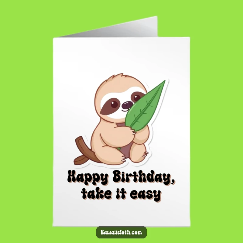 Free Printable Birthday Card: Leaf-Holding Sloth, Nature Humor, Funny Gift