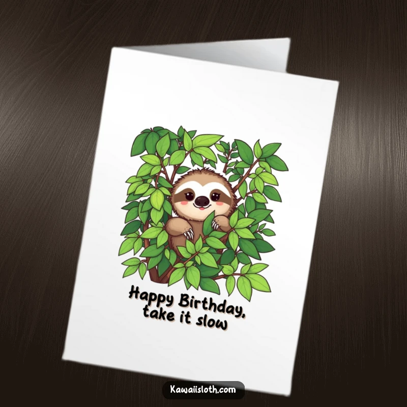 Funny Free Printable Birthday Card: A shy sloth with a slight smile peeks from behind lush green leaves.