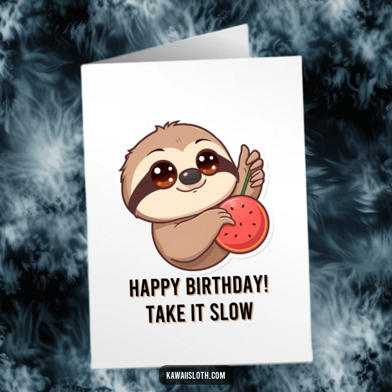 Funny Free Printable Birthday Card: A sloth with big eyes slowly reaches for a juicy piece of birthday cake.