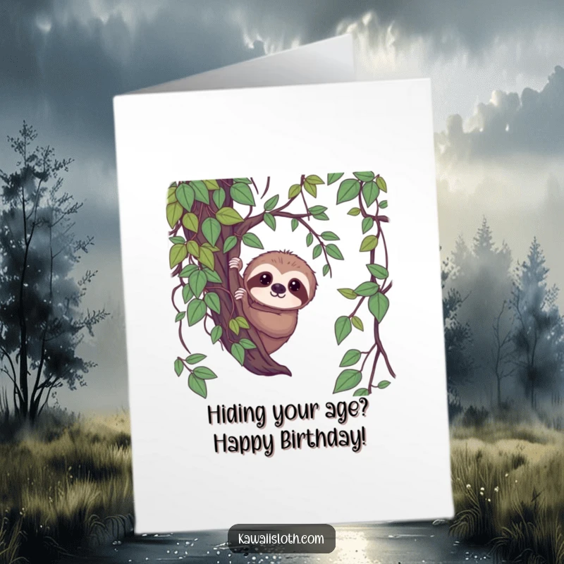 Funny Free Printable Birthday Card: A shy sloth peeks gently from lush vines, offering a sweet gaze. Adorable surprise.