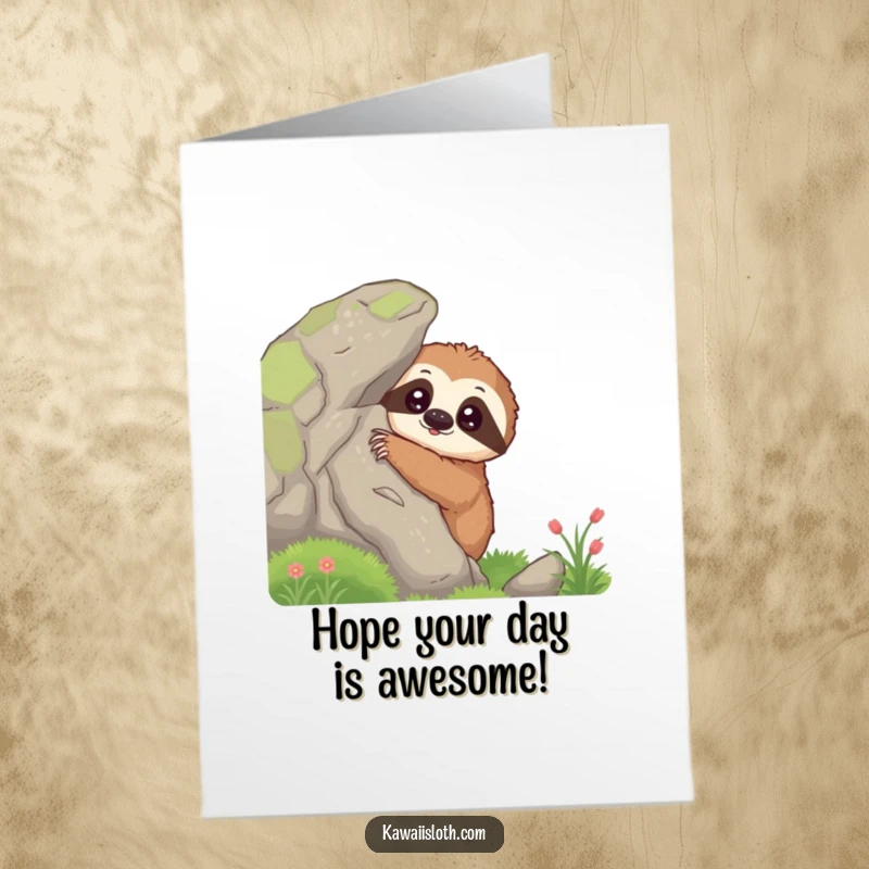 Funny Free Printable Birthday Card: Curious Sloth Peeking from Mossy Rock, Slow Interest