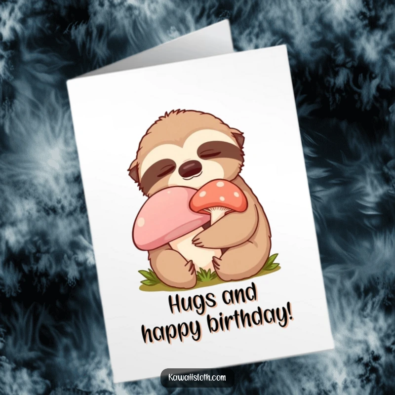 Funny Free Printable Birthday Card: Content Sloth Hugging Mushroom, Closed Eyes