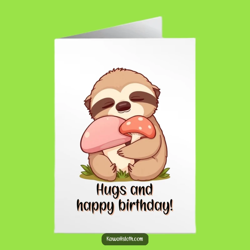 Free Printable Birthday Card: Cozy Sloth Hugging Mushroom, Perfect Downloadable Greeting