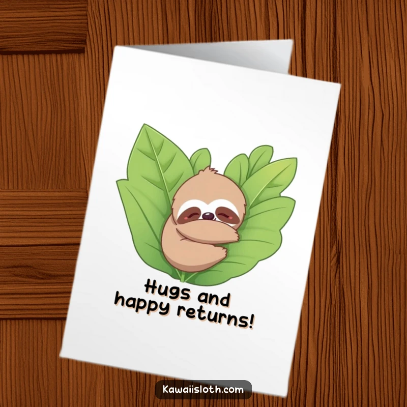 Funny Free Printable Birthday Card: Sloth contentedly hugging a large green plant, radiating peaceful birthday joy.