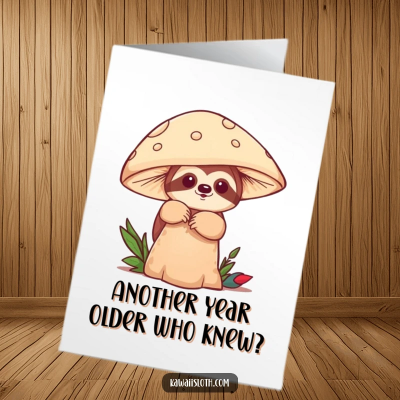 Funny Free Printable Birthday Card: A playful sloth peeks from behind a mushroom, perfect for a DIY celebration