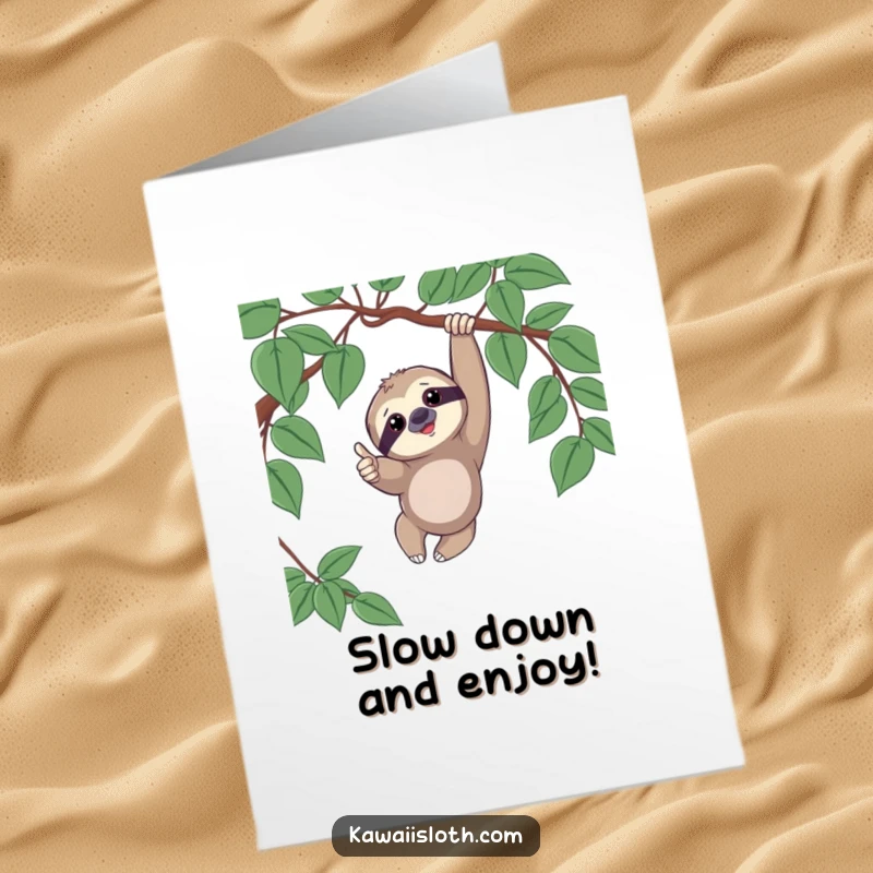 Funny Free Printable Birthday Card: A sloth dangles from a vine, giving a goofy thumbs up for birthday wishes.