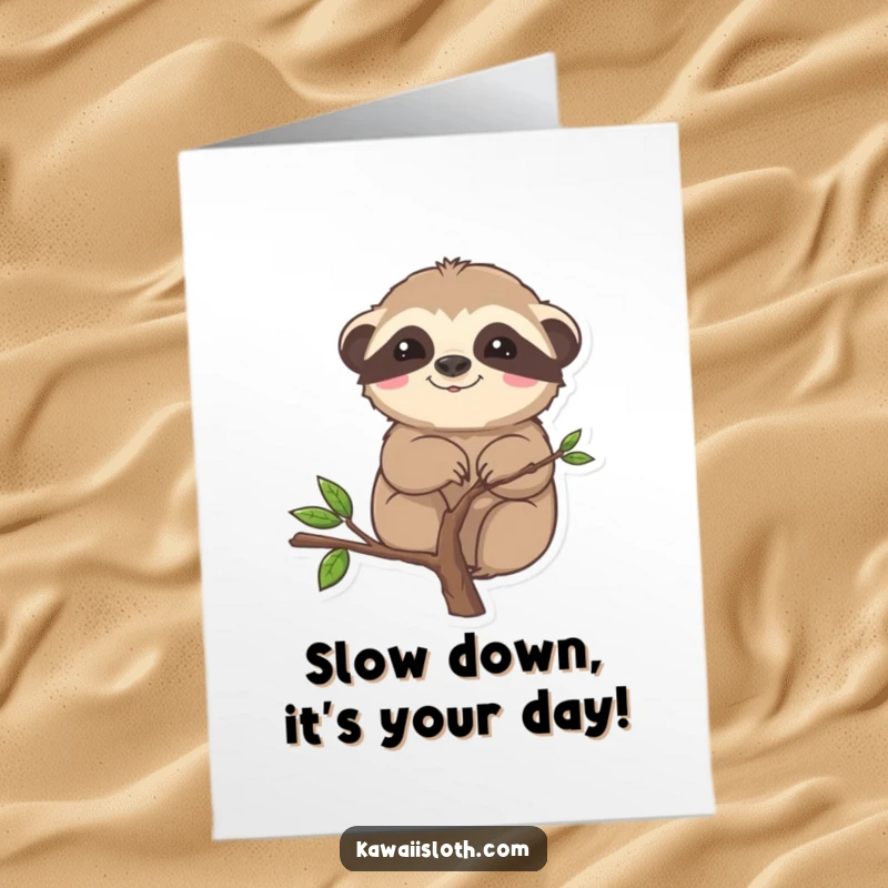 Funny free printable birthday card showing a sloth comically stuck halfway up a small branch, looking surprised.