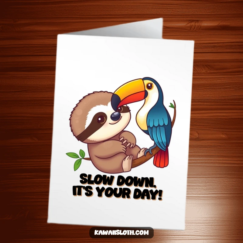 Funny Free Printable Birthday Card: A curious sloth stares at a vibrant toucan, celebrating a birthday with jungle humor.