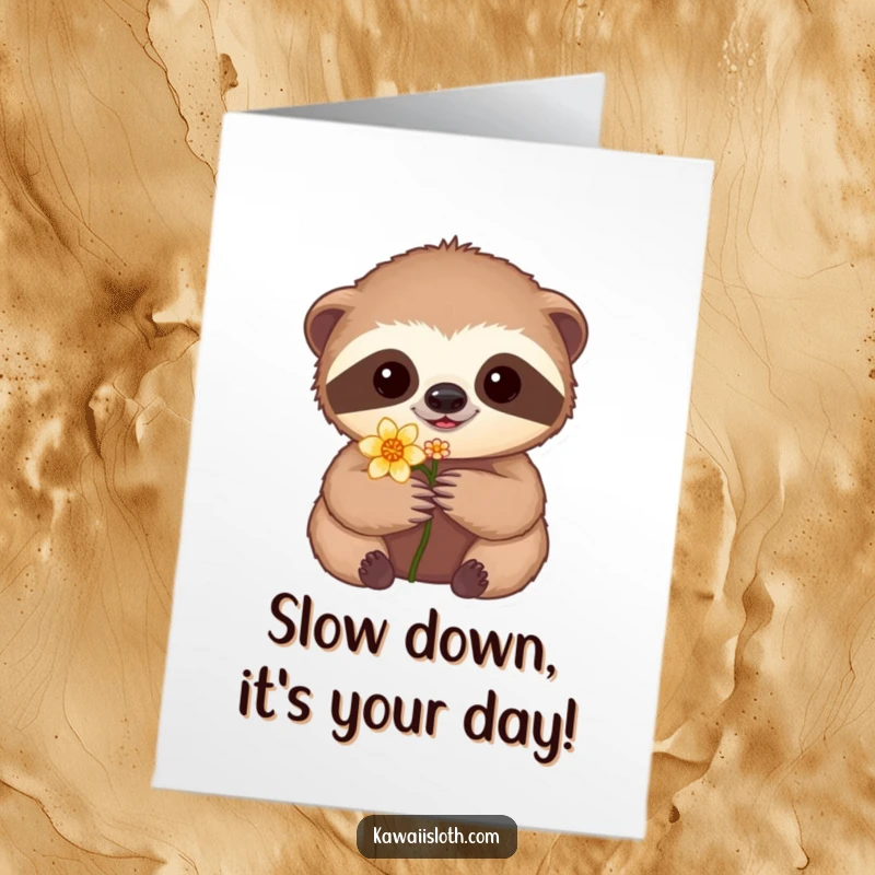 Funny Free Printable Birthday Card: A careful sloth gently holds a tiny flower, spreading birthday cheer with slow, gentle affection.