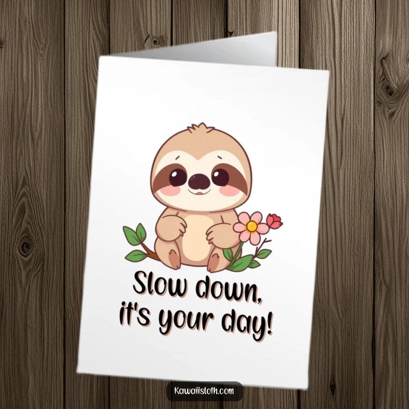 Funny Free Printable Birthday Card: A surprised sloth discovers a hidden flower, perfect for a unique DIY gift
