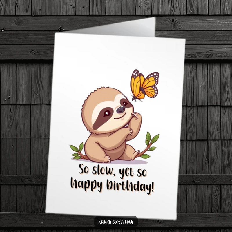 Funny Free Printable Birthday Card: A sloth slowly nods, mesmerized by a butterfly, a perfect DIY humorous gift.