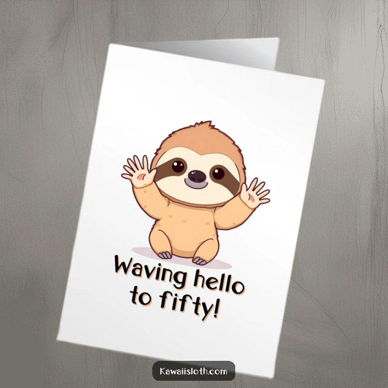 Funny Free Printable Birthday Card: A sloth slowly waves hello with a gentle, drawn-out motion and a friendly expression.
