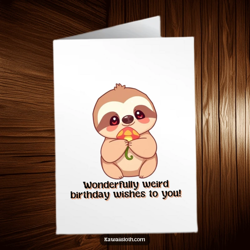 Funny Free Printable Birthday Card: A sloth holds a glowing mushroom with wide-eyed wonder, a magical DIY birthday gift.