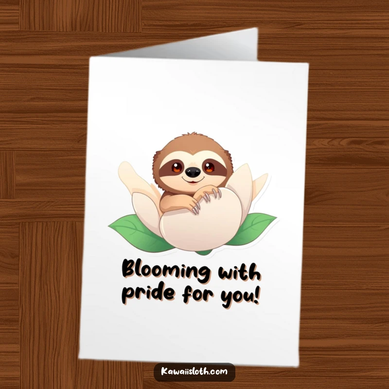 Funny Free Printable Congratulations Card: Sloth peeking from a large flower bud, symbolizing new beginnings and gentle excitement.