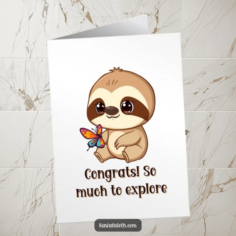 Funny Free Printable Congratulations Card: A sloth with wide, curious eyes watches a colorful butterfly. Great DIY gift.
