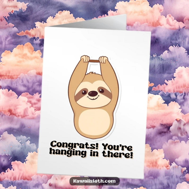 Funny Free Printable Congratulations Card: A happy sloth hanging upside down, celebrating with a relaxed smile.
