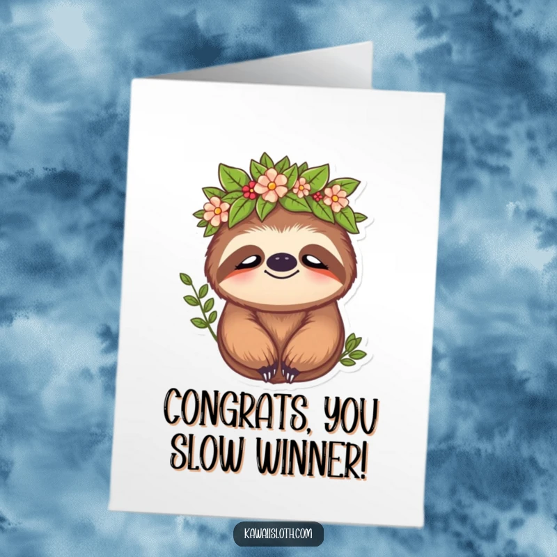 Funny Free Printable Congrats Card: Peaceful sloth wearing a leafy crown, symbolizing a calm and earned achievement.