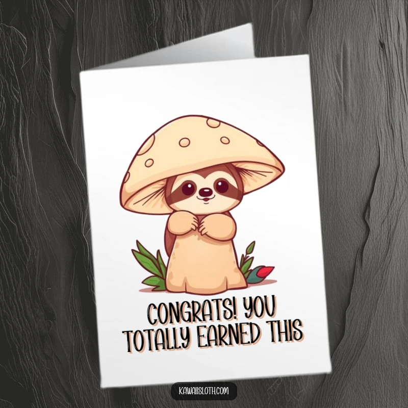 Funny Free Printable Congratulations Card: A sloth peeks from a mushroom, ideal for a unique DIY gift surprise