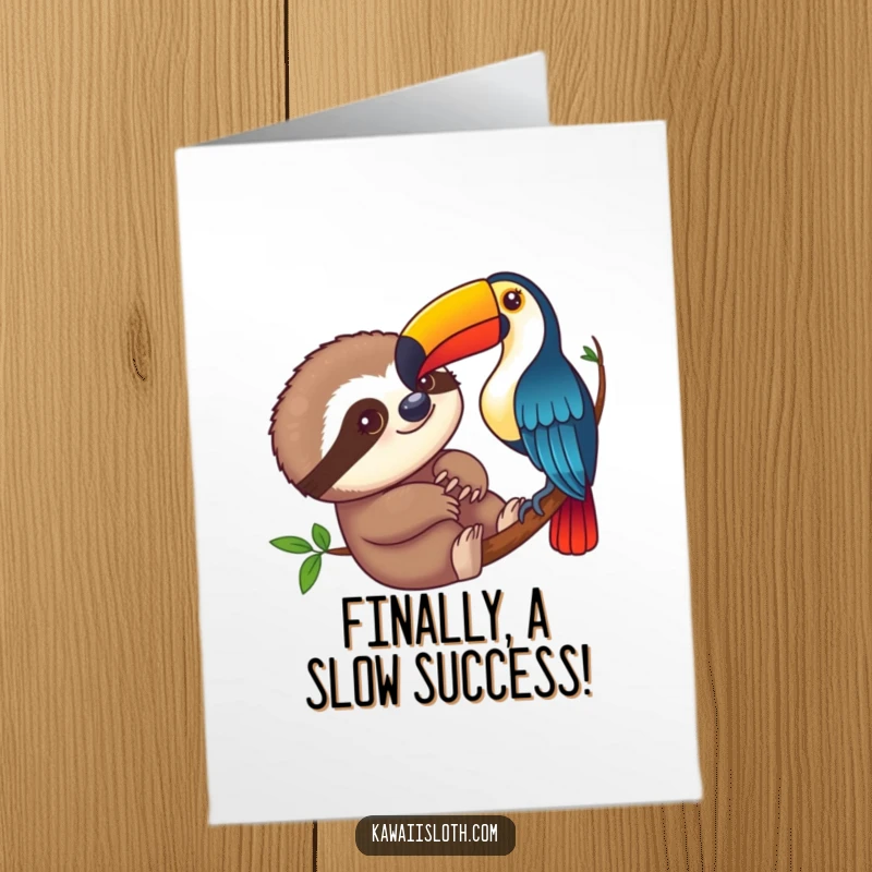 Funny Free Printable Congratulations Card: Sloth and toucan share exciting news with a vibrant, celebratory jungle scene.