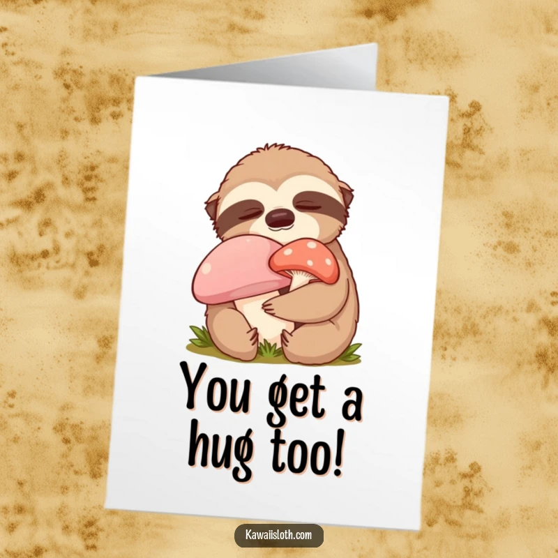 Funny Free Printable Congratulations Card: Content Sloth Hugging Mushroom, Closed Eyes