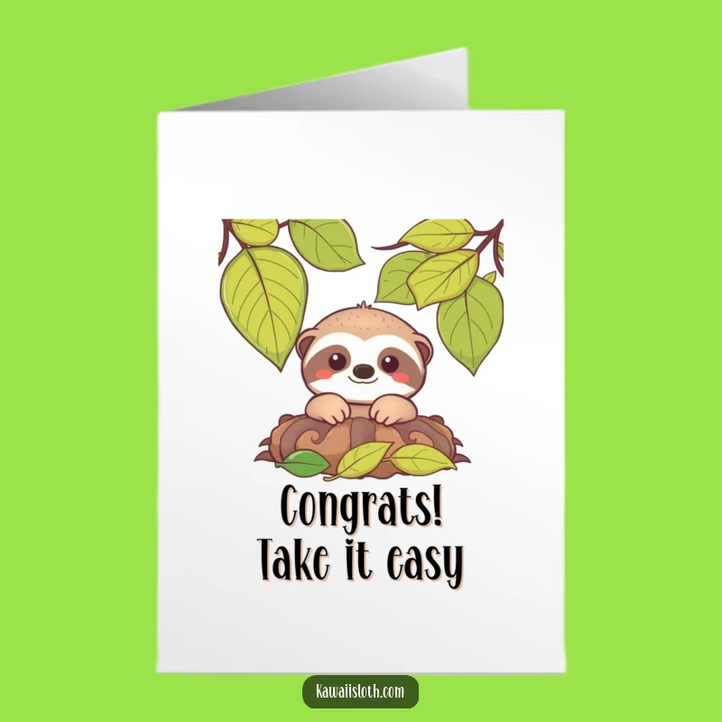 Free Printable Congrats Card: Gentle Sloth in Leaves Funny Downloadable Gift