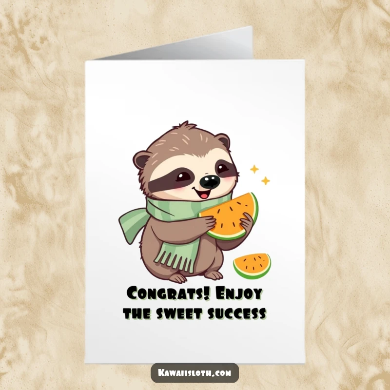 Funny Free Printable Congrats Card: A scarf-wearing sloth savors a bite of fruit with pure happiness.