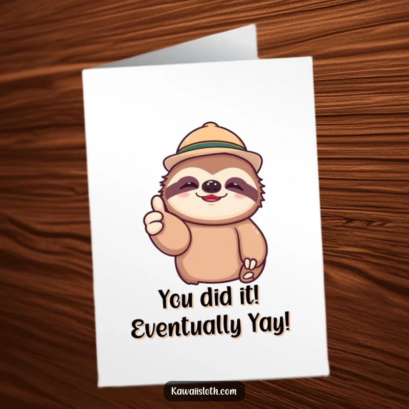 Funny Free Printable Congrats Card: A sloth in a small hat gives a lazy thumbs up, conveying relaxed congratulations.