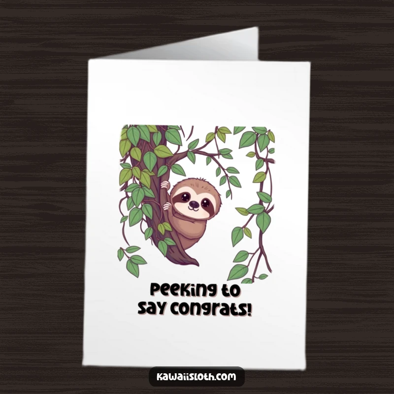 Funny Free Printable Congratulations Card: Shy sloth emerging from dense vines with a soft, gentle look. Quietly joyous.